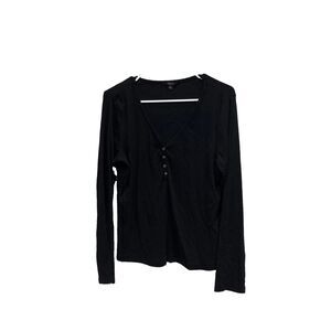 Ambiance Top 1X Black Henley Long Sleeve Ribbed Cropped Stretch V Neck Buttons